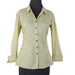 Nic + Zoe Sz S Yellow Collar Button 3/4 Sleeve Linen Polyester Blend Classic Top